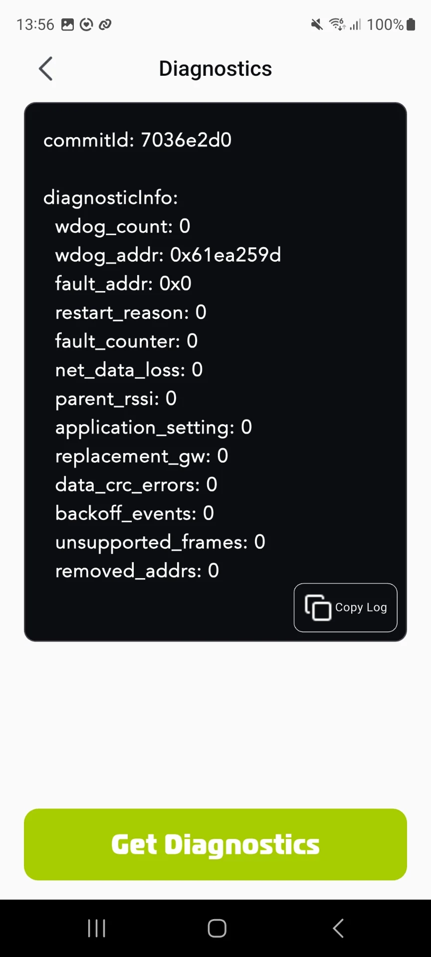 Mobile app Diagnostics screen with the Get Diagnostics button