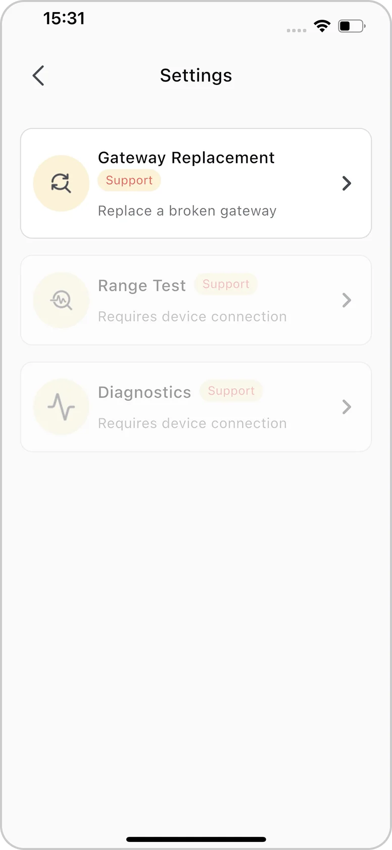 Settings screen with Gateway Replacement option