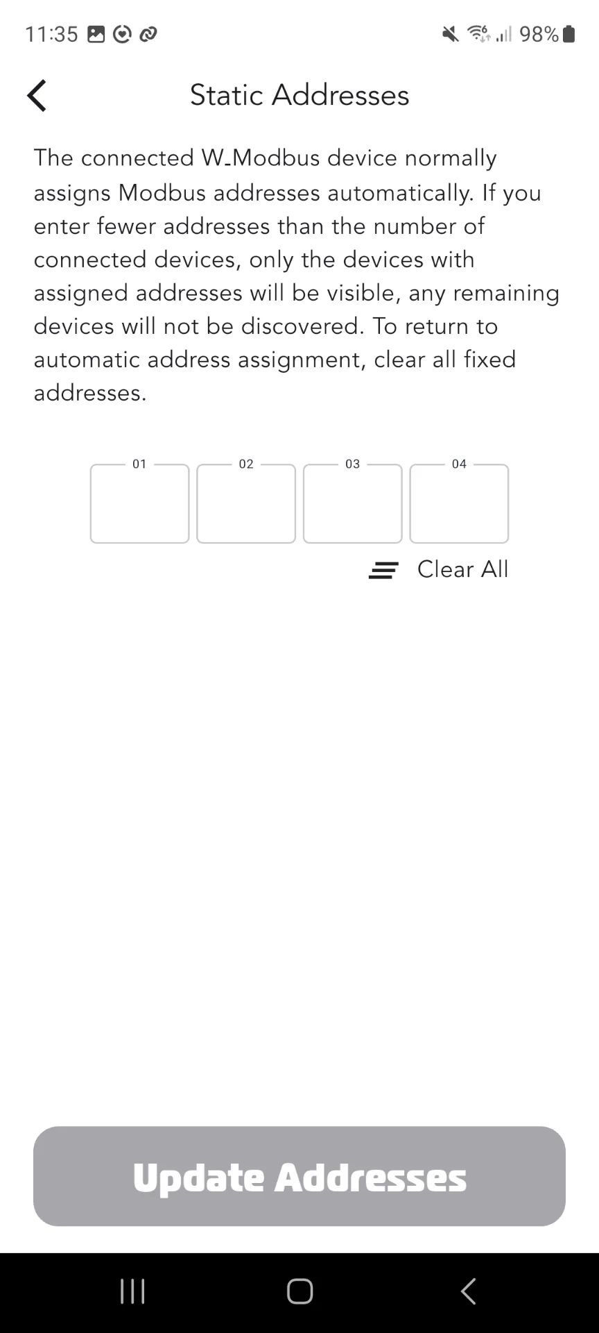 Static Addresses screen with multiple address inputs
