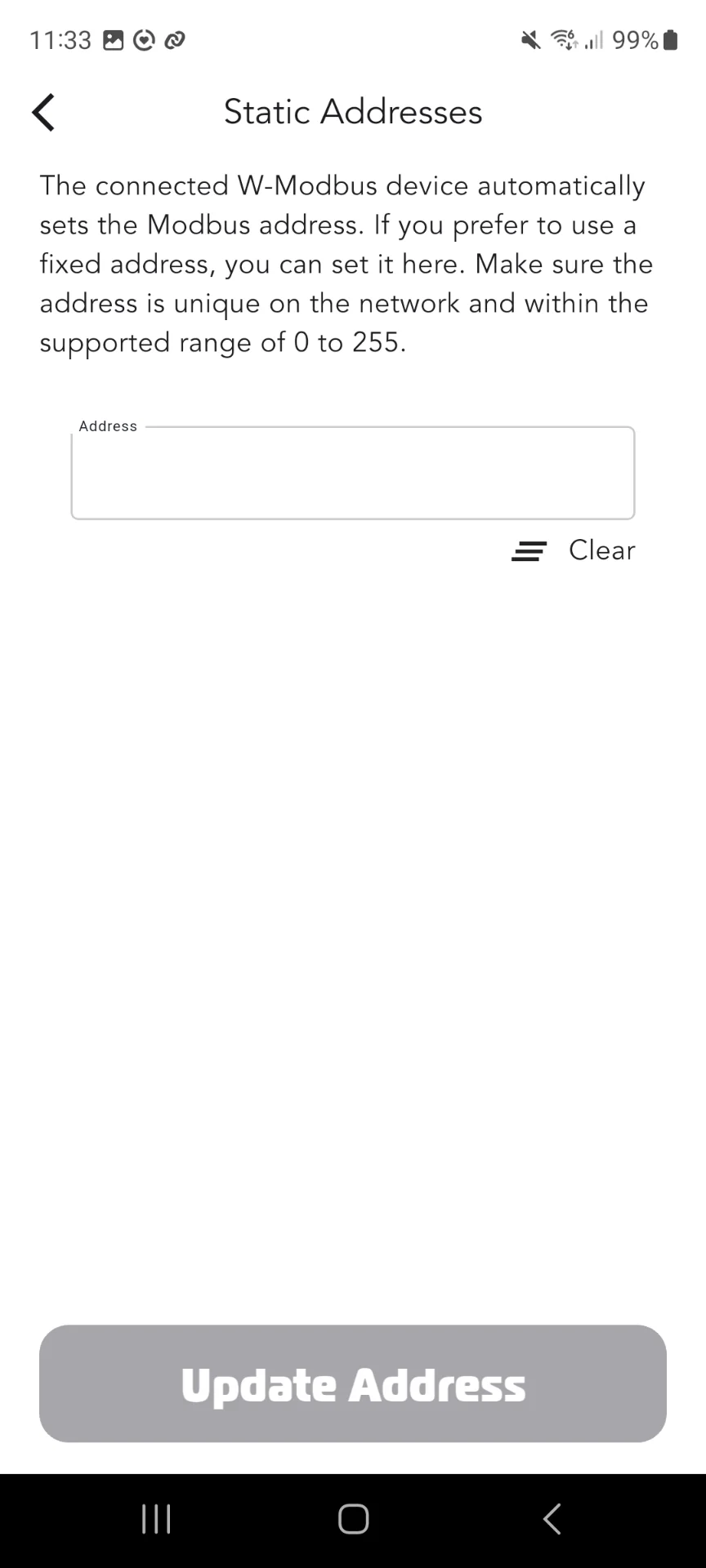 Static Addresses screen with single address input