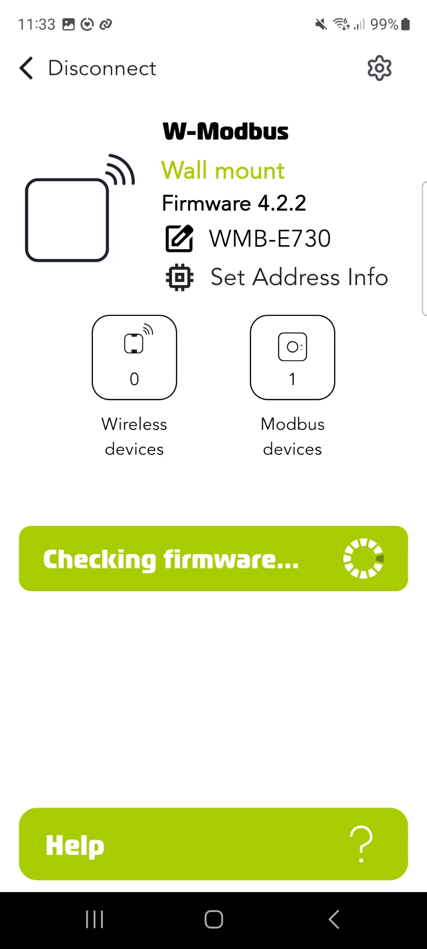 Connected W-Modbus device screen showing the settings icon in the top right