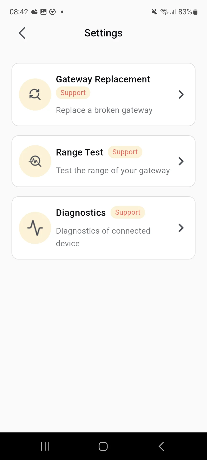 Settings screen with Range Test option
