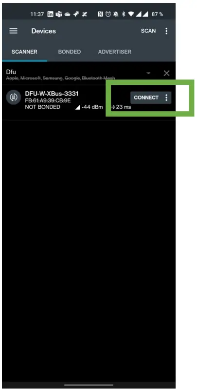 nRF Connect app on Android connecting to the device in DFU mode