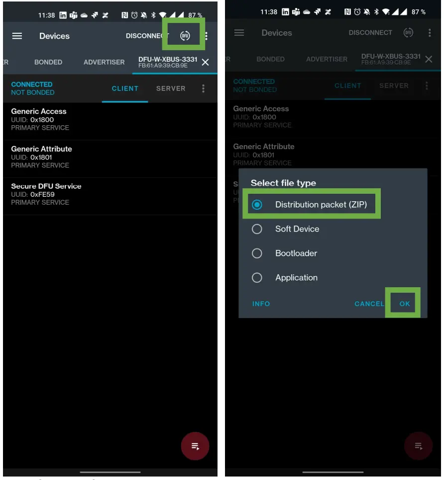 nRF Connect app on Android selecting the firmware file to upload