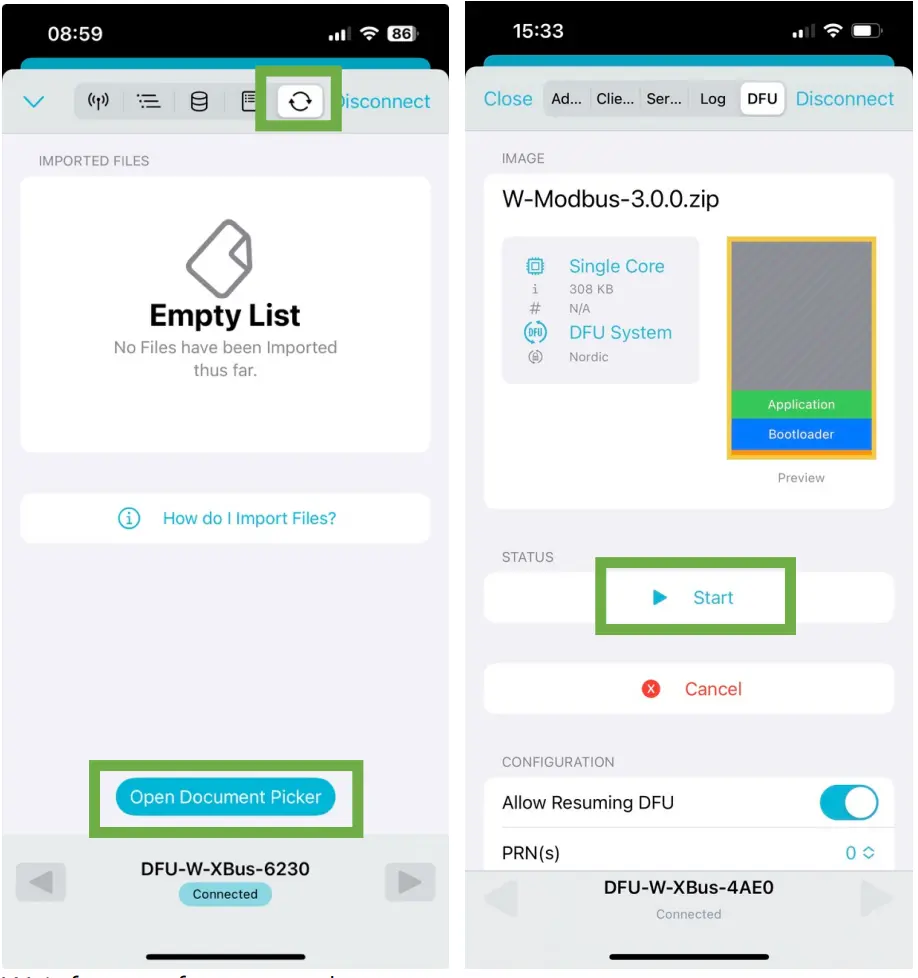 nRF Connect app on iPhone selecting the firmware file to upload