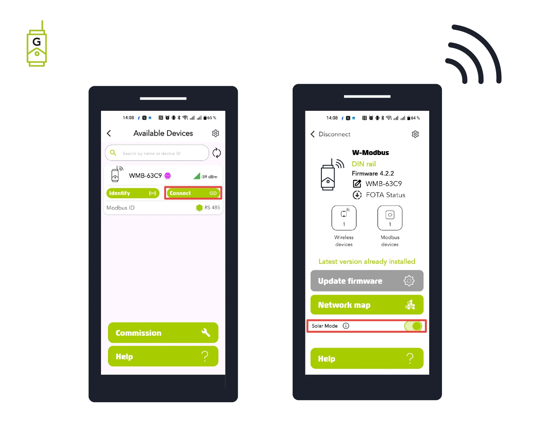 Connect in the app and verify Solar Mode is enabled